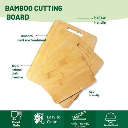 Bamboo Cutting Board Set of 3 for Kitchen | Wooden, Lightweight, Hanging Hole for Easy Storage, Knife Friendly, Food Grade