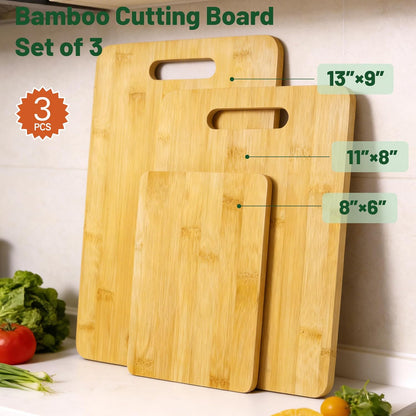 Bamboo Cutting Board Set of 3 for Kitchen | Wooden, Lightweight, Hanging Hole for Easy Storage, Knife Friendly, Food Grade