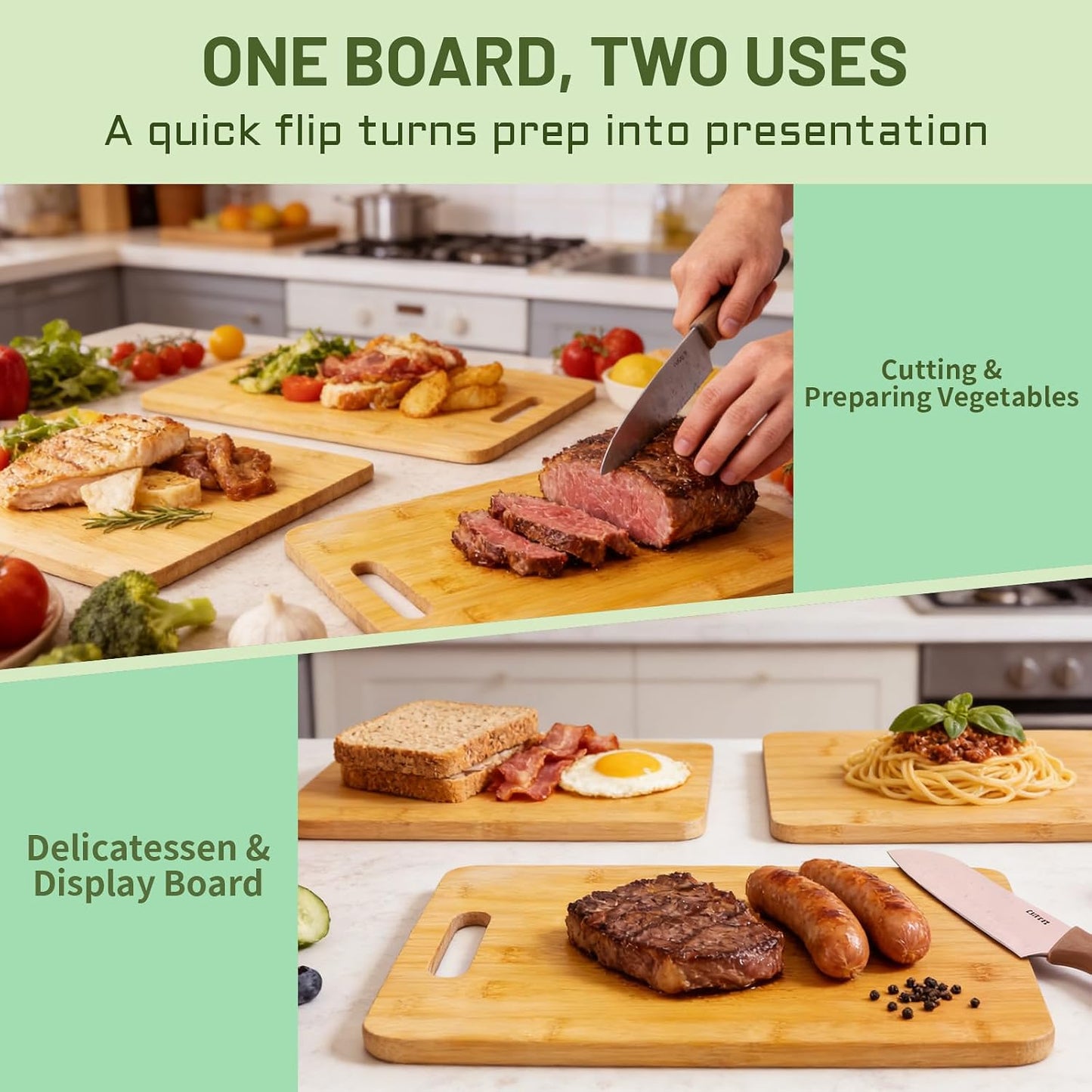 Bamboo Cutting Board Set of 3 for Kitchen | Wooden, Lightweight, Hanging Hole for Easy Storage, Knife Friendly, Food Grade