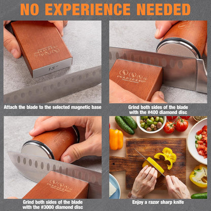 Rolling Knife Sharpener Kit, Blade Sharpening Roller for Kitchen Knives | Chef Knife Sharpening Tool, 15° & 20° Magnetic Angle, Diamond Discs for Steel of Any Hardness, Easy Manual Sharpener System