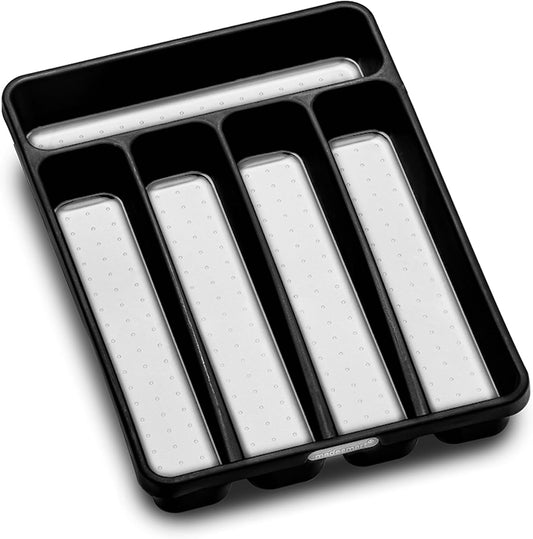 Classic Compact Silverware Tray with Soft Grip Lining, Carbon | Nonslip feet, 5 compartments, small drawer fit, forks, knives, spoons, cutlery, flatware
