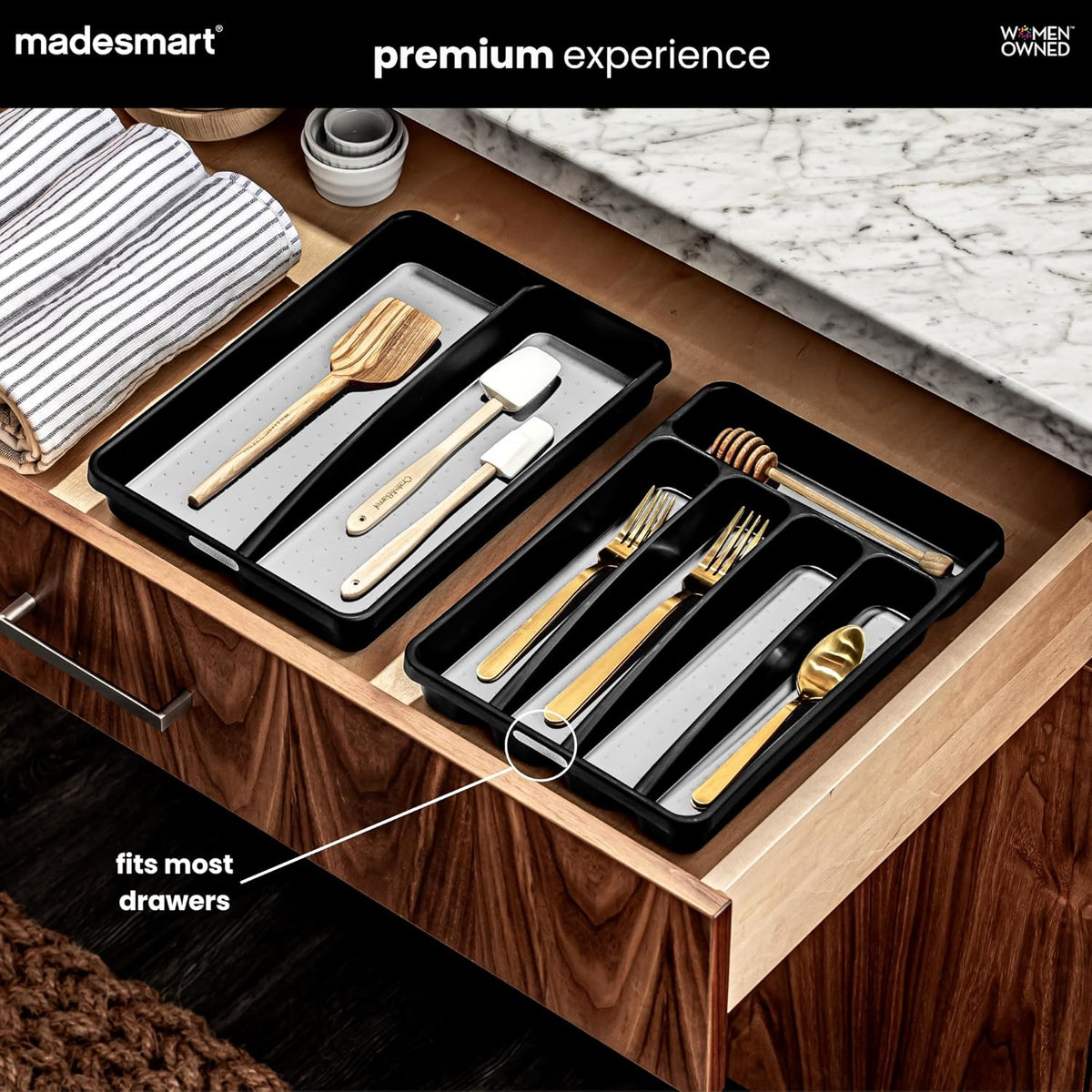 Classic Compact Silverware Tray with Soft Grip Lining, Carbon | Nonslip feet, 5 compartments, small drawer fit, forks, knives, spoons, cutlery, flatware