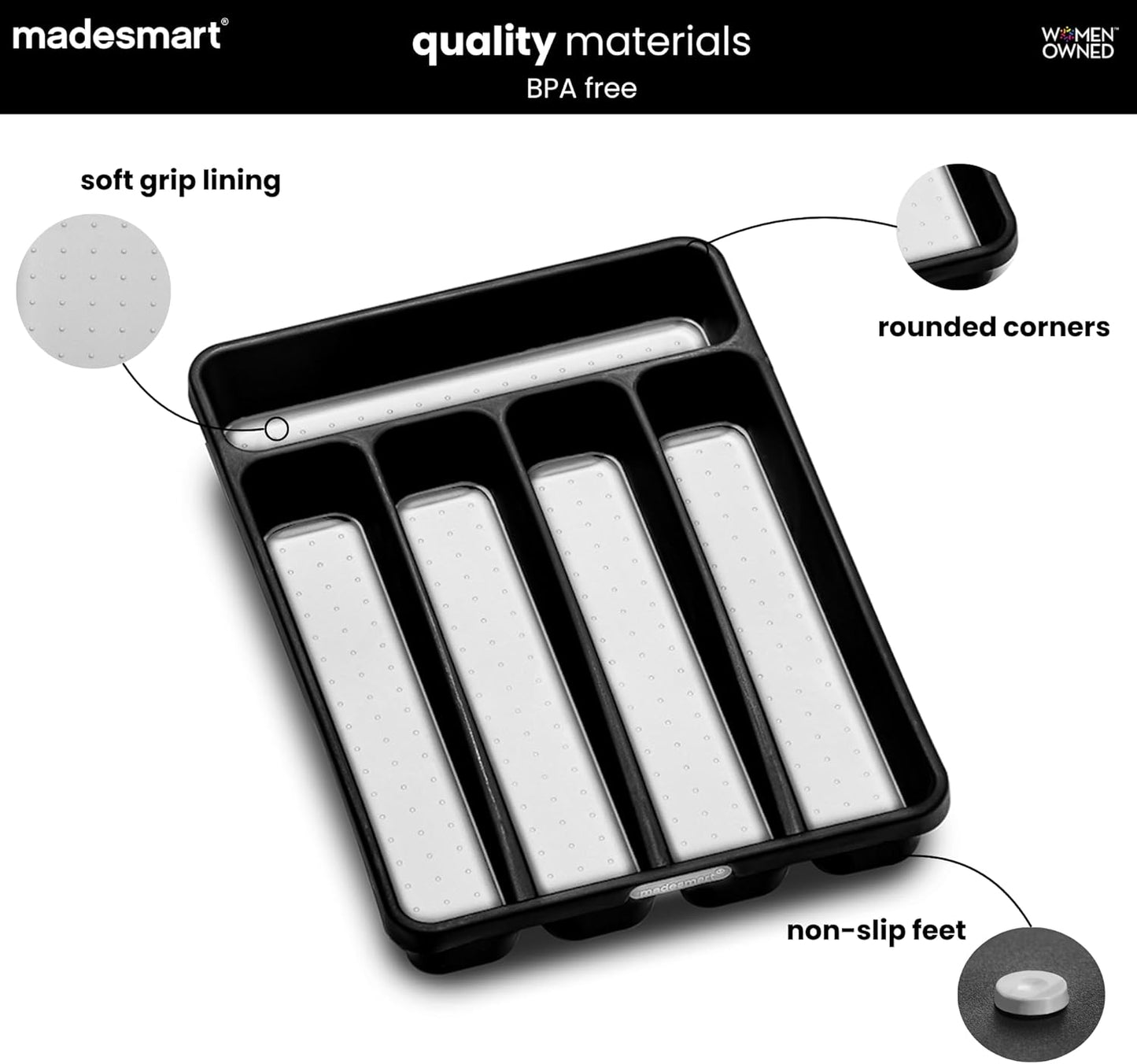 Classic Compact Silverware Tray with Soft Grip Lining, Carbon | Nonslip feet, 5 compartments, small drawer fit, forks, knives, spoons, cutlery, flatware