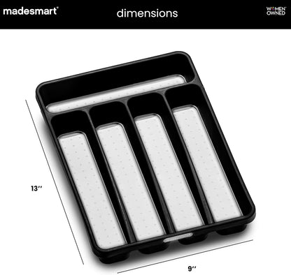 Classic Compact Silverware Tray with Soft Grip Lining, Carbon | Nonslip feet, 5 compartments, small drawer fit, forks, knives, spoons, cutlery, flatware