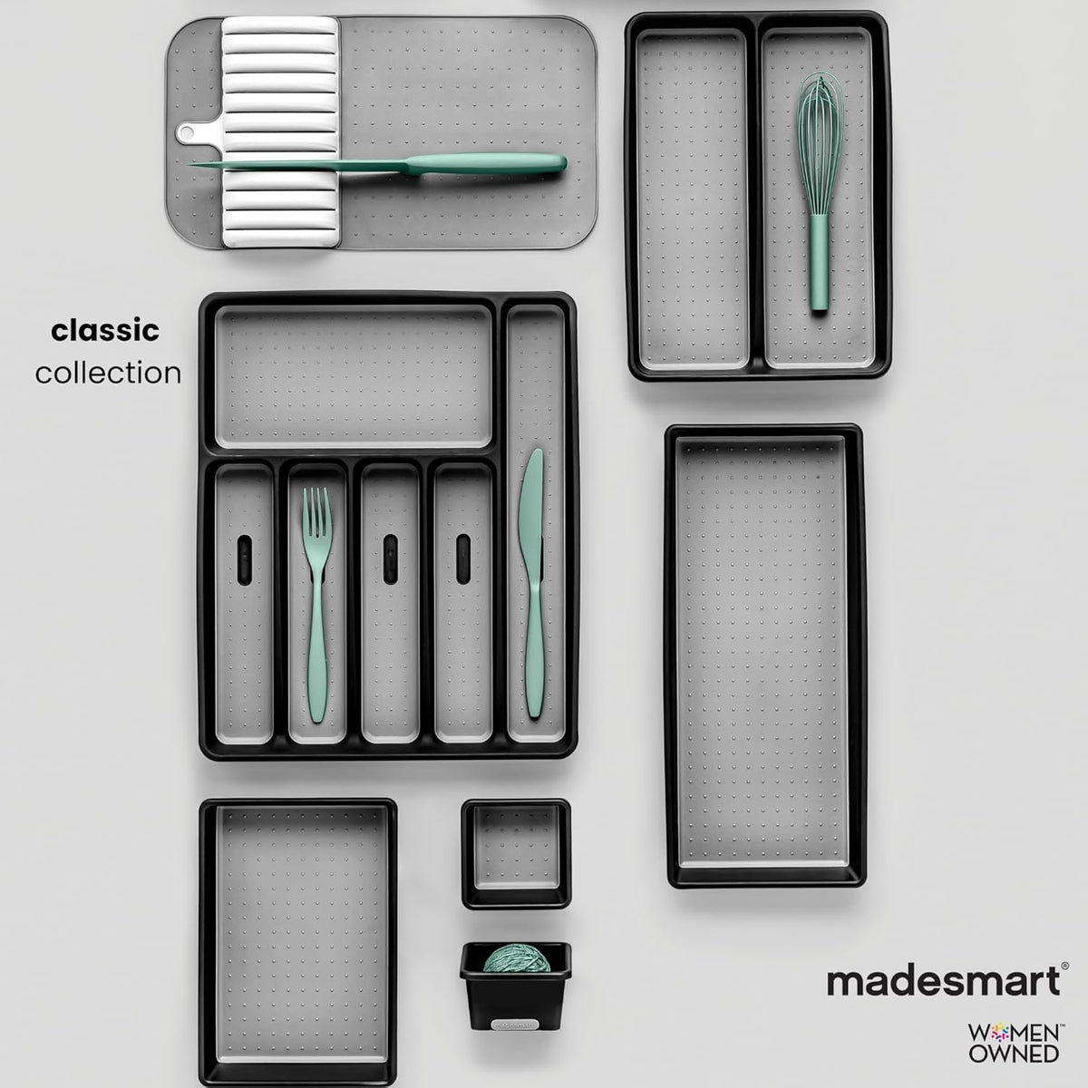 Classic Compact Silverware Tray with Soft Grip Lining, Carbon | Nonslip feet, 5 compartments, small drawer fit, forks, knives, spoons, cutlery, flatware
