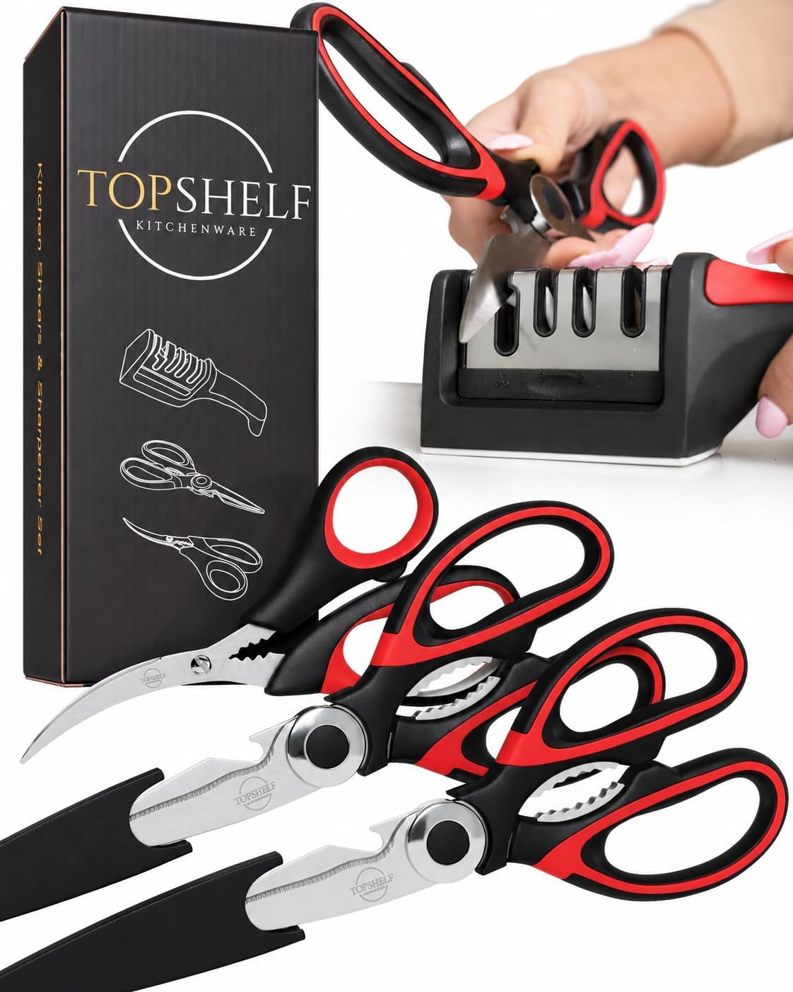 Heavy Duty Kitchen Shears With Sharpener - Lifetime Replacement Warranty* - Multipurpose Stainless Steel Scissors for Food - Sharp Food-Grade Kitchen Scissor for Meat, Seafood, Poultry - 4 Piece Set