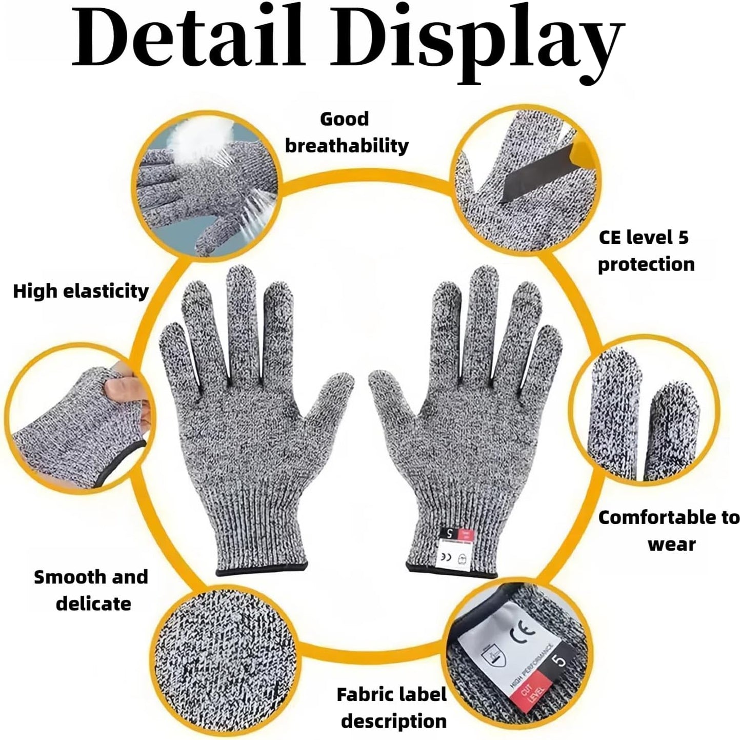 Level 5 Cut Resistant Gloves, 2 pairs，Breathable, Kitchen, Construction, Metal Cutting, Gardening (Unisex)