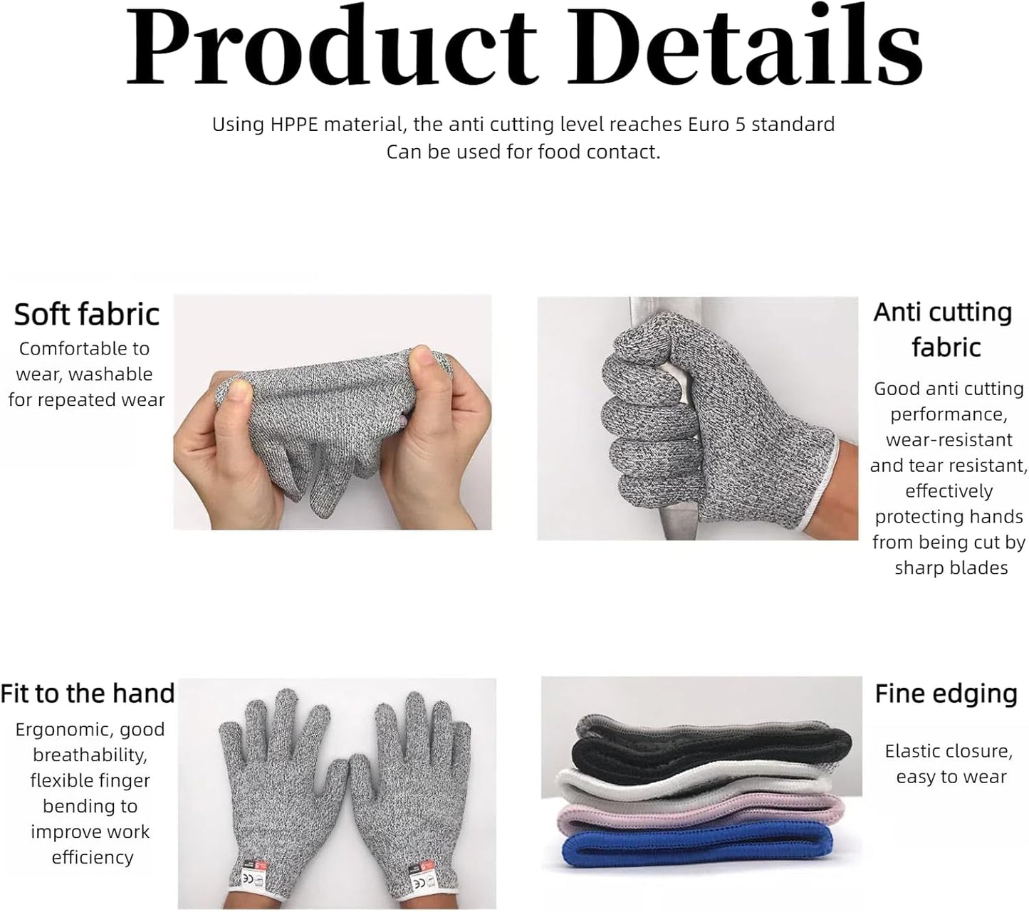 Level 5 Cut Resistant Gloves, 2 pairs，Breathable, Kitchen, Construction, Metal Cutting, Gardening (Unisex)