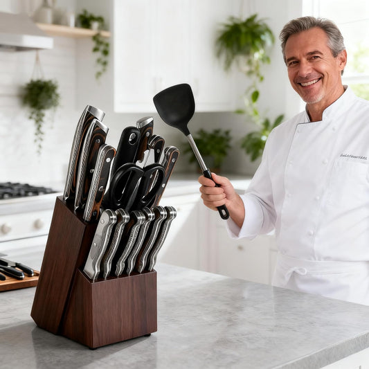 Teak Wood Knife Block Organizer, 14-Slot Kitchen Counter Storage Holder, Universal Design (Brown)