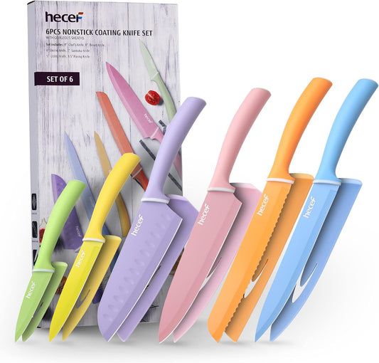 Colorful Knife Set with Covers, Dishwasher Safe, 6 Pieces | Stainless Steel Colour Coded Non-Stick, Cooking Knives, Paring, Utility, Bread, Carving