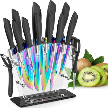 Aiheal Knife Set 16 PCS High Carbon Stainless Steel, Titanium Coating Blade | No Rust and Super Sharp Cutlery with Acrylic Stand and Kitchen Scissors, Rainbow Color Kitchen Knife Set, Gift