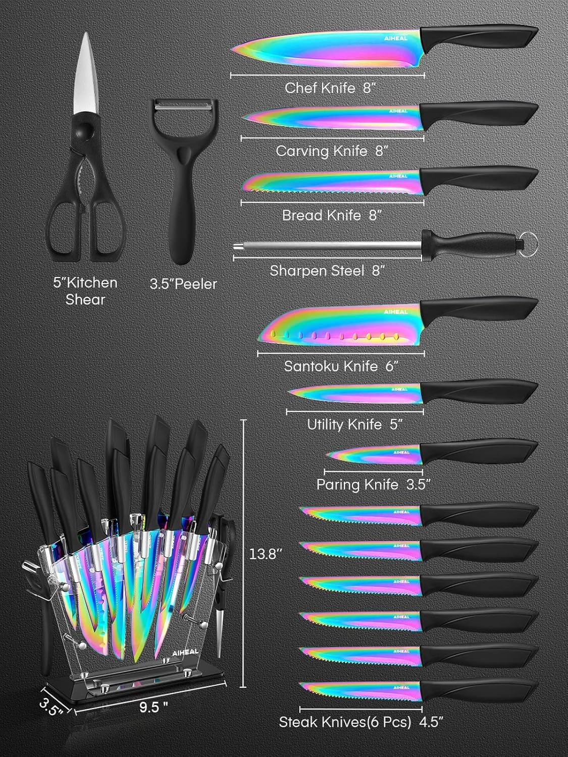 Aiheal Knife Set 16 PCS High Carbon Stainless Steel, Titanium Coating Blade | No Rust and Super Sharp Cutlery with Acrylic Stand and Kitchen Scissors, Rainbow Color Kitchen Knife Set, Gift