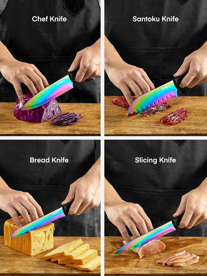 Aiheal Knife Set 16 PCS High Carbon Stainless Steel, Titanium Coating Blade | No Rust and Super Sharp Cutlery with Acrylic Stand and Kitchen Scissors, Rainbow Color Kitchen Knife Set, Gift