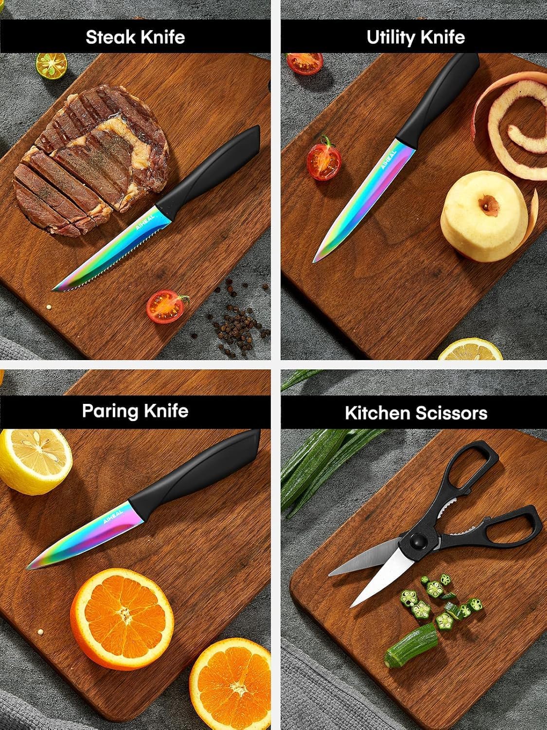 Aiheal Knife Set 16 PCS High Carbon Stainless Steel, Titanium Coating Blade | No Rust and Super Sharp Cutlery with Acrylic Stand and Kitchen Scissors, Rainbow Color Kitchen Knife Set, Gift