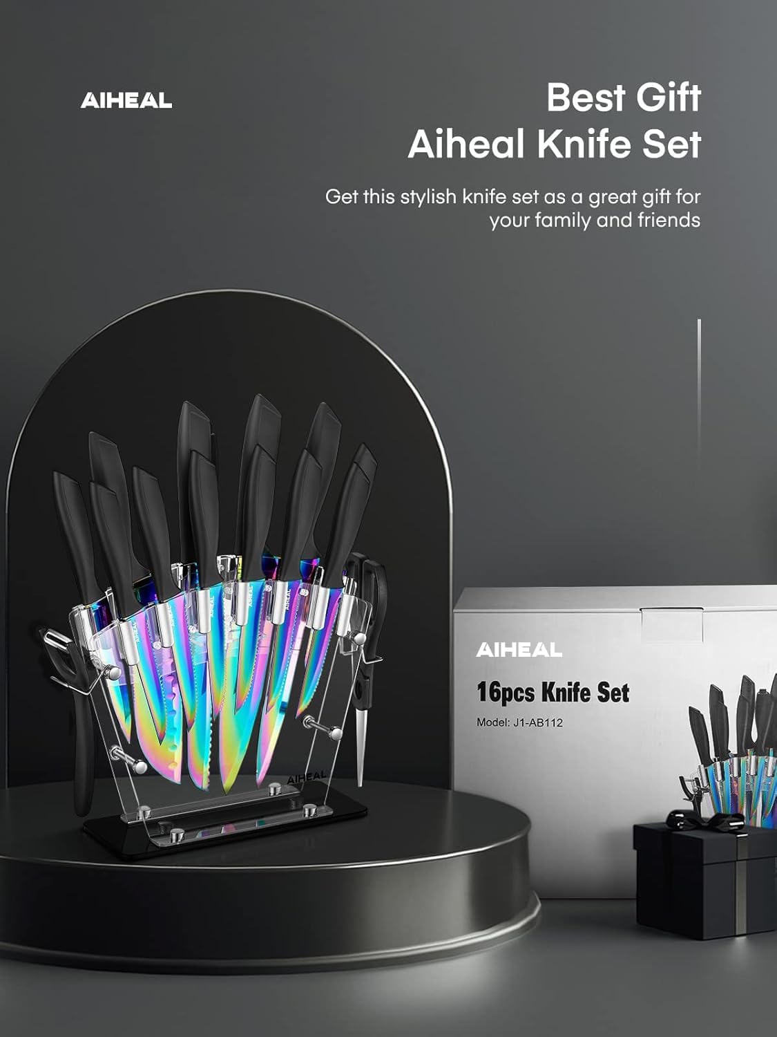 Aiheal Knife Set 16 PCS High Carbon Stainless Steel, Titanium Coating Blade | No Rust and Super Sharp Cutlery with Acrylic Stand and Kitchen Scissors, Rainbow Color Kitchen Knife Set, Gift