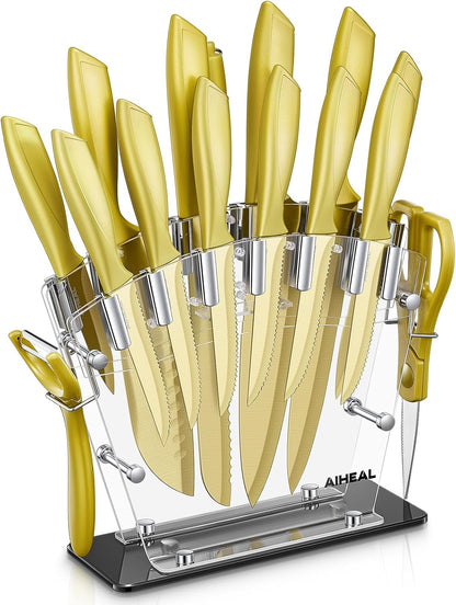 Aiheal Knife Set 16 PCS High Carbon Stainless Steel, Titanium Coating Blade | No Rust and Super Sharp Cutlery with Acrylic Stand and Kitchen Scissors, Rainbow Color Kitchen Knife Set, Gift