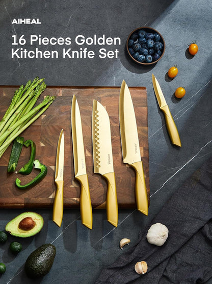 Aiheal Knife Set 16 PCS High Carbon Stainless Steel, Titanium Coating Blade | No Rust and Super Sharp Cutlery with Acrylic Stand and Kitchen Scissors, Rainbow Color Kitchen Knife Set, Gift