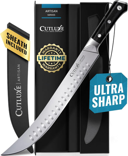 Butcher Knife, 10" Cimeter Breaking Knife for BBQ & Brisket | Razor Sharp Forged German Steel, Full Tang Pakkawood Handle – Meat Carving, Grilling Gift for Men