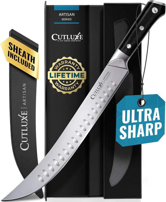 Butcher Knife, 10" Cimeter Breaking Knife for BBQ & Brisket | Razor Sharp Forged German Steel, Full Tang Pakkawood Handle – Meat Carving, Grilling Gift for Men