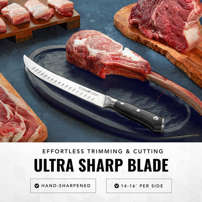 Butcher Knife, 10" Cimeter Breaking Knife for BBQ & Brisket | Razor Sharp Forged German Steel, Full Tang Pakkawood Handle – Meat Carving, Grilling Gift for Men