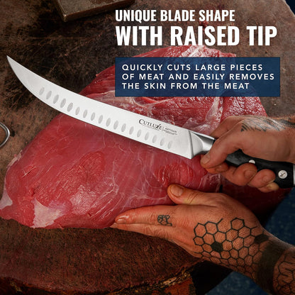 Butcher Knife, 10" Cimeter Breaking Knife for BBQ & Brisket | Razor Sharp Forged German Steel, Full Tang Pakkawood Handle – Meat Carving, Grilling Gift for Men