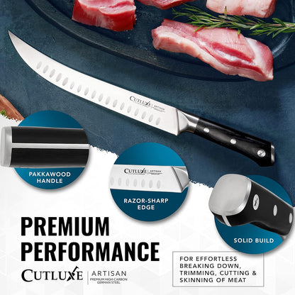 Butcher Knife, 10" Cimeter Breaking Knife for BBQ & Brisket | Razor Sharp Forged German Steel, Full Tang Pakkawood Handle – Meat Carving, Grilling Gift for Men