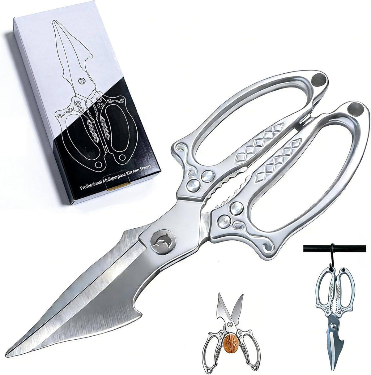 Silver Kitchen Shears Heavy Duty Stainless Steel, Multipurpose Cooking Scissors for Meat, Chicken, Poultry & Vegetables, Sharp Food Scissors for Kitchen Use
