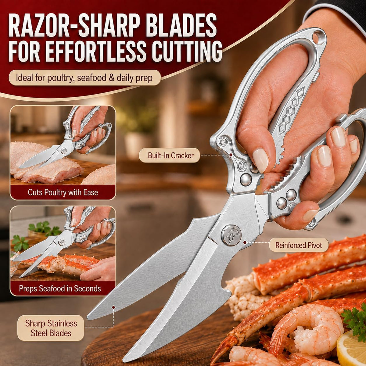 Silver Kitchen Shears Heavy Duty Stainless Steel, Multipurpose Cooking Scissors for Meat, Chicken, Poultry & Vegetables, Sharp Food Scissors for Kitchen Use