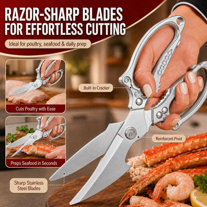 Silver Kitchen Shears Heavy Duty Stainless Steel, Multipurpose Cooking Scissors for Meat, Chicken, Poultry & Vegetables, Sharp Food Scissors for Kitchen Use