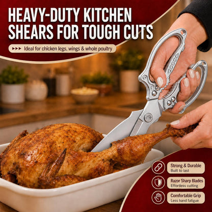 Silver Kitchen Shears Heavy Duty Stainless Steel, Multipurpose Cooking Scissors for Meat, Chicken, Poultry & Vegetables, Sharp Food Scissors for Kitchen Use