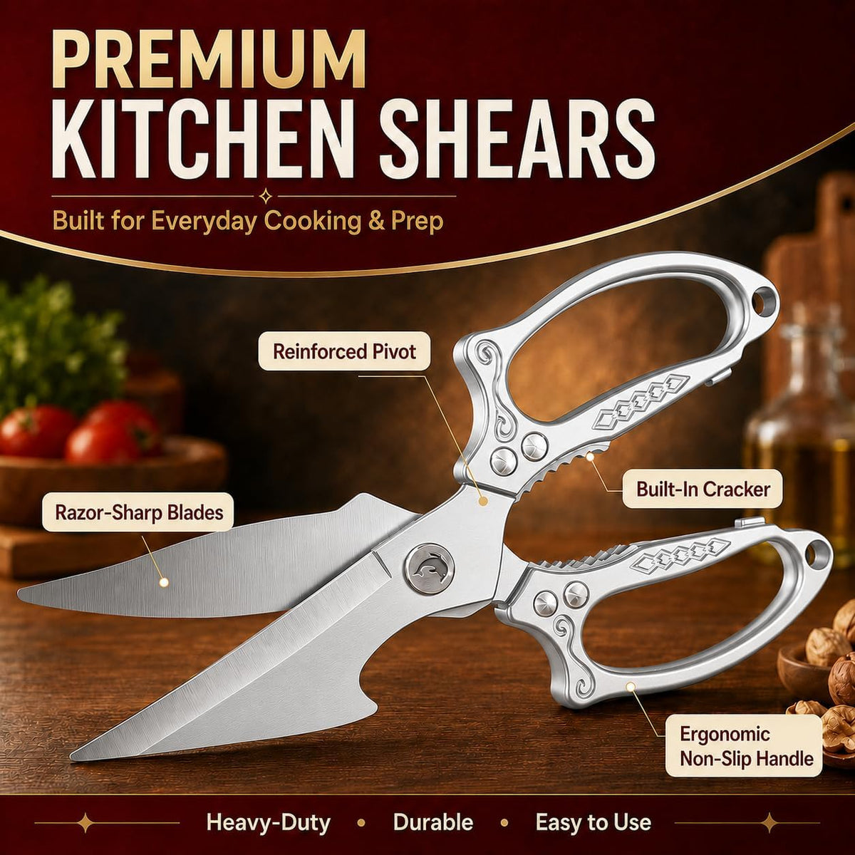 Silver Kitchen Shears Heavy Duty Stainless Steel, Multipurpose Cooking Scissors for Meat, Chicken, Poultry & Vegetables, Sharp Food Scissors for Kitchen Use