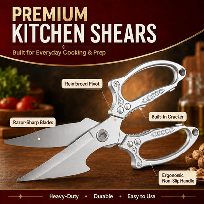 Silver Kitchen Shears Heavy Duty Stainless Steel, Multipurpose Cooking Scissors for Meat, Chicken, Poultry & Vegetables, Sharp Food Scissors for Kitchen Use