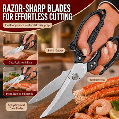Silver Kitchen Shears Heavy Duty Stainless Steel, Multipurpose Cooking Scissors for Meat, Chicken, Poultry & Vegetables, Sharp Food Scissors for Kitchen Use