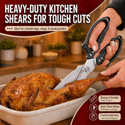 Silver Kitchen Shears Heavy Duty Stainless Steel, Multipurpose Cooking Scissors for Meat, Chicken, Poultry & Vegetables, Sharp Food Scissors for Kitchen Use