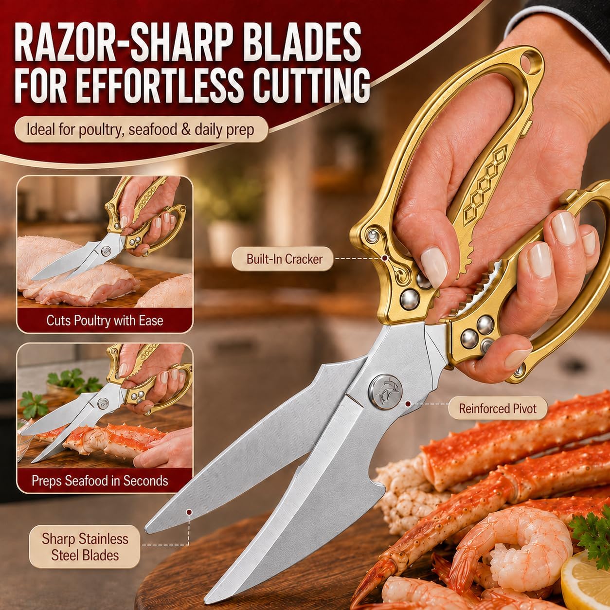 Silver Kitchen Shears Heavy Duty Stainless Steel, Multipurpose Cooking Scissors for Meat, Chicken, Poultry & Vegetables, Sharp Food Scissors for Kitchen Use