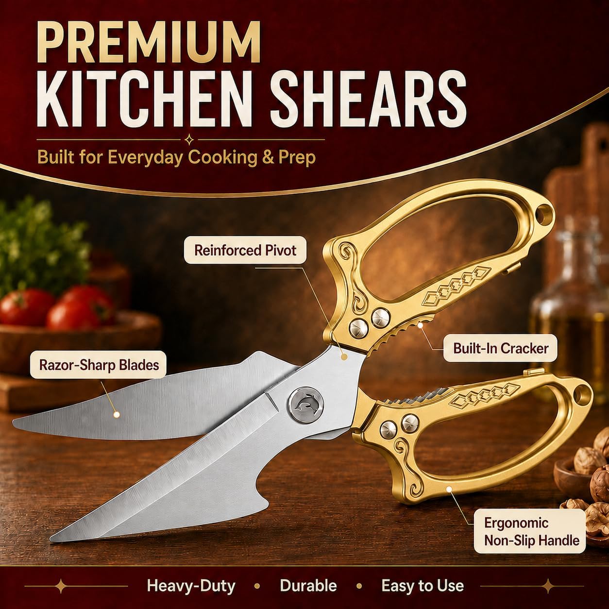 Silver Kitchen Shears Heavy Duty Stainless Steel, Multipurpose Cooking Scissors for Meat, Chicken, Poultry & Vegetables, Sharp Food Scissors for Kitchen Use