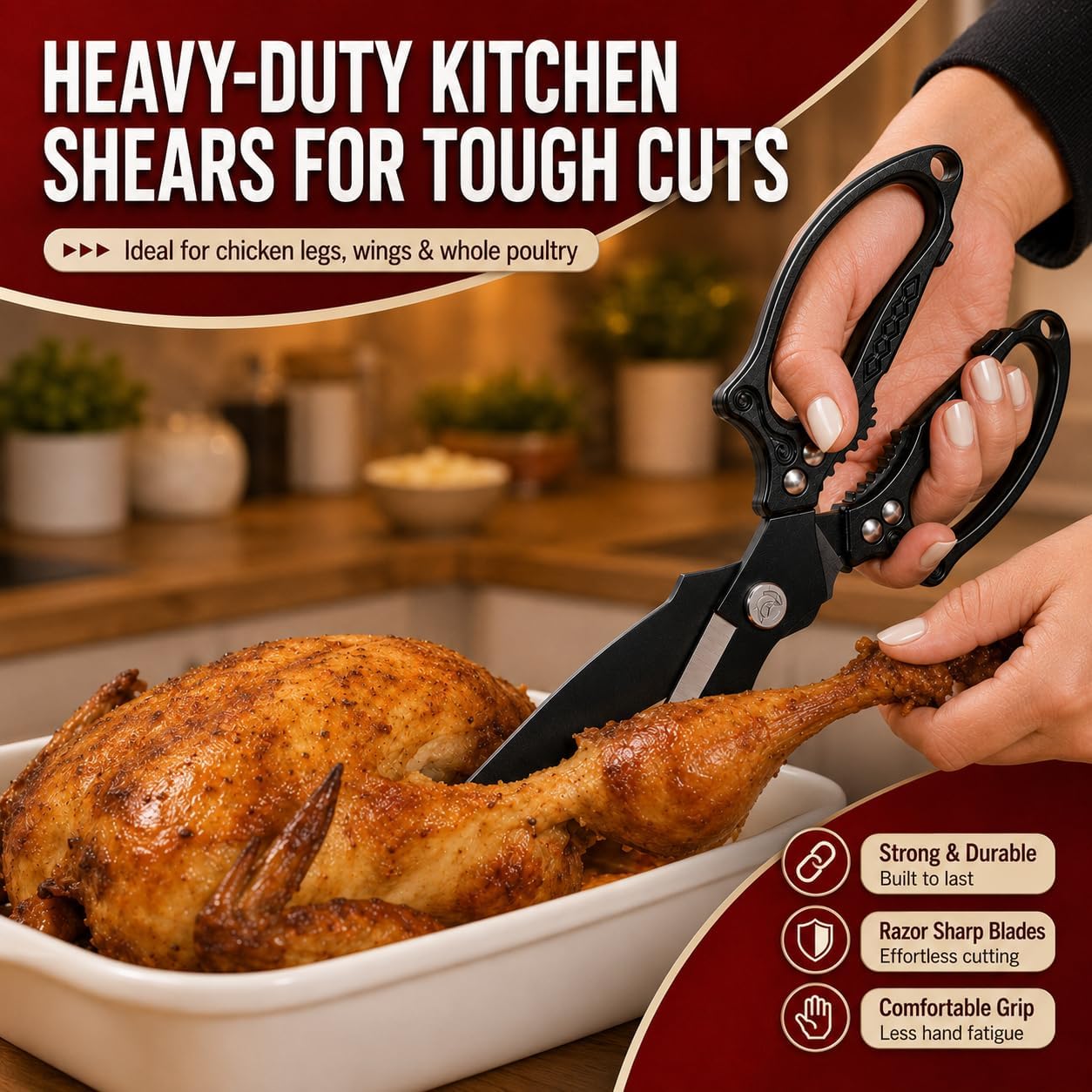 Silver Kitchen Shears Heavy Duty Stainless Steel, Multipurpose Cooking Scissors for Meat, Chicken, Poultry & Vegetables, Sharp Food Scissors for Kitchen Use