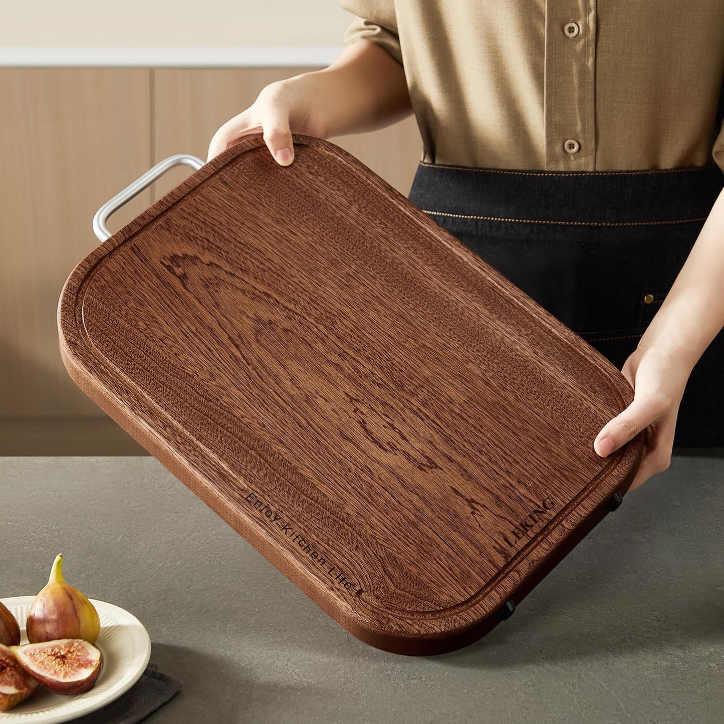 Premium Solid Ebony Wood Cutting Board for Kitchen - 14.5"x9.5"x1" Double Sided Butcher Block, Thick Chopping Board with Juice Groove & Non-Slip Feet, Food Grade Serving Board for Meat Veggie