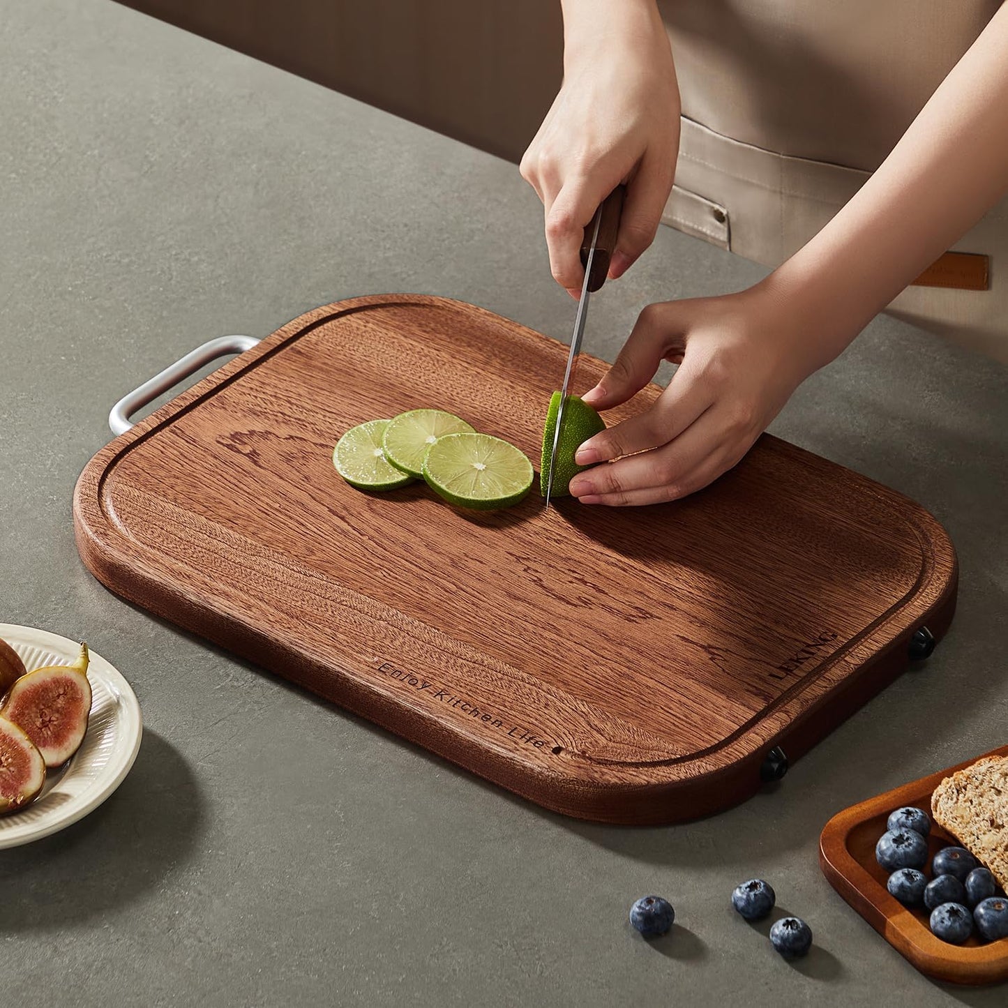 Premium Solid Ebony Wood Cutting Board for Kitchen - 14.5"x9.5"x1" Double Sided Butcher Block, Thick Chopping Board with Juice Groove & Non-Slip Feet, Food Grade Serving Board for Meat Veggie