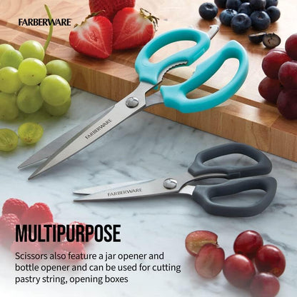 Comfort Grip Kitchen Scissors, 2 Pack, Aqua and Gray