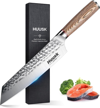 Huusk Japanese Chef Knife for Home & Kitchen, 8" Japanese Kiritsuke Knife | Ultra Sharp Cooking Knifes for Sushi Fish Meat, High Carbon Stainless Steel & Pakkawood Handle, Gift Idea for Men Women