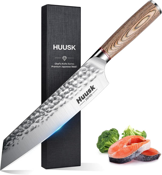 Huusk Japanese Chef Knife for Home & Kitchen, 8" Japanese Kiritsuke Knife | Ultra Sharp Cooking Knifes for Sushi Fish Meat, High Carbon Stainless Steel & Pakkawood Handle, Gift Idea for Men Women