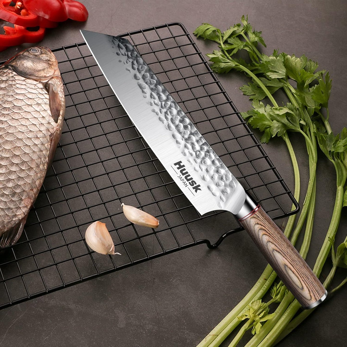 Huusk Japanese Chef Knife for Home & Kitchen, 8" Japanese Kiritsuke Knife | Ultra Sharp Cooking Knifes for Sushi Fish Meat, High Carbon Stainless Steel & Pakkawood Handle, Gift Idea for Men Women