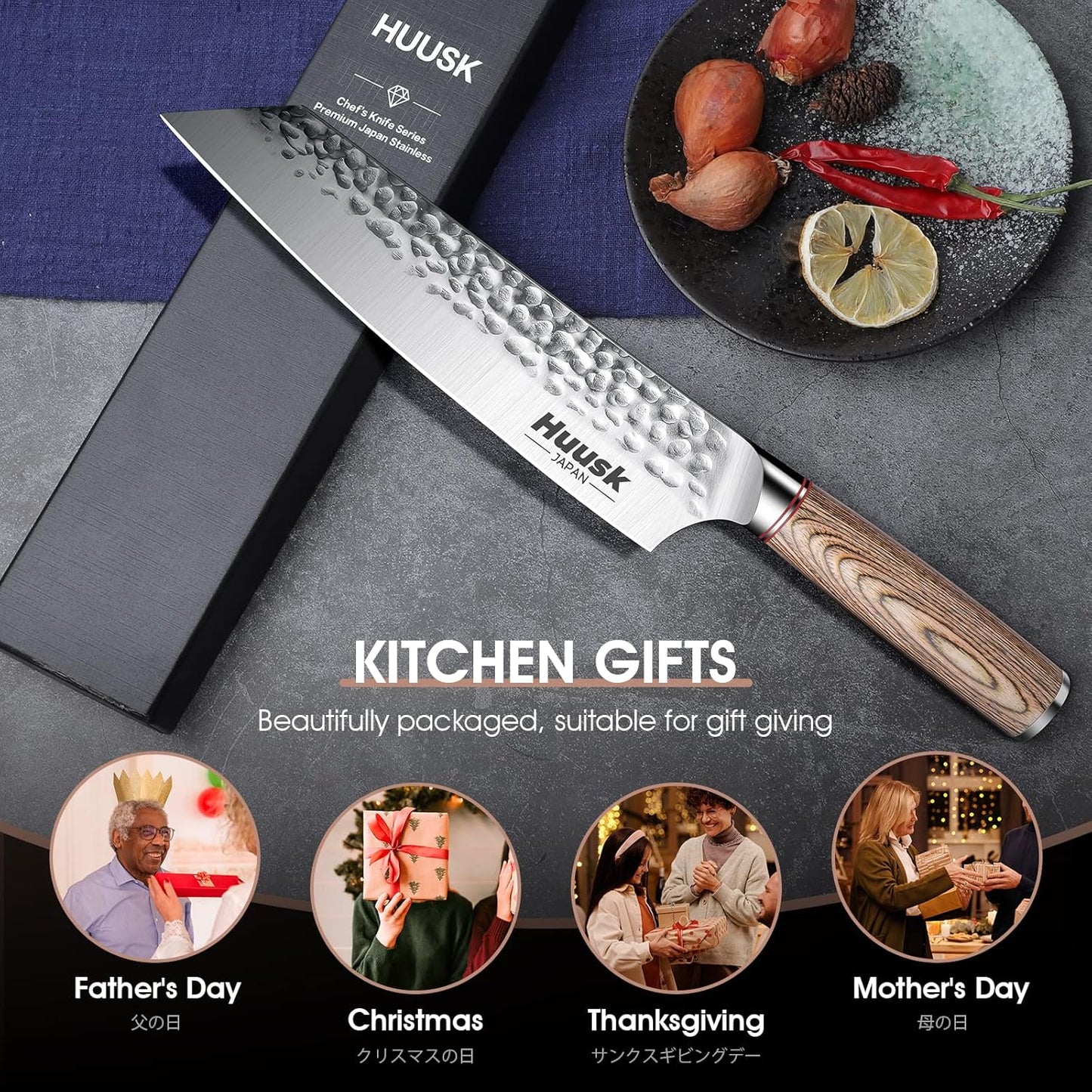 Huusk Japanese Chef Knife for Home & Kitchen, 8" Japanese Kiritsuke Knife | Ultra Sharp Cooking Knifes for Sushi Fish Meat, High Carbon Stainless Steel & Pakkawood Handle, Gift Idea for Men Women