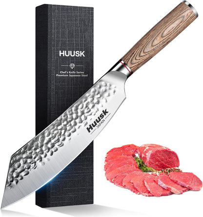 Huusk Japanese Chef Knife for Home & Kitchen, 8" Japanese Kiritsuke Knife | Ultra Sharp Cooking Knifes for Sushi Fish Meat, High Carbon Stainless Steel & Pakkawood Handle, Gift Idea for Men Women