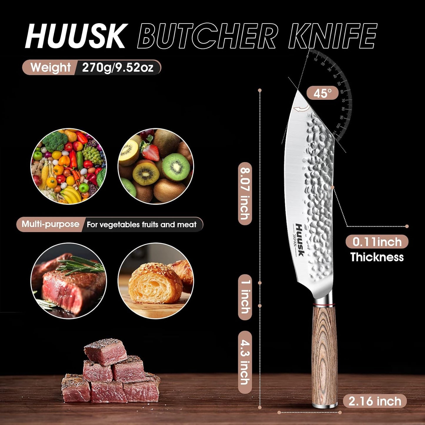 Huusk Japanese Chef Knife for Home & Kitchen, 8" Japanese Kiritsuke Knife | Ultra Sharp Cooking Knifes for Sushi Fish Meat, High Carbon Stainless Steel & Pakkawood Handle, Gift Idea for Men Women