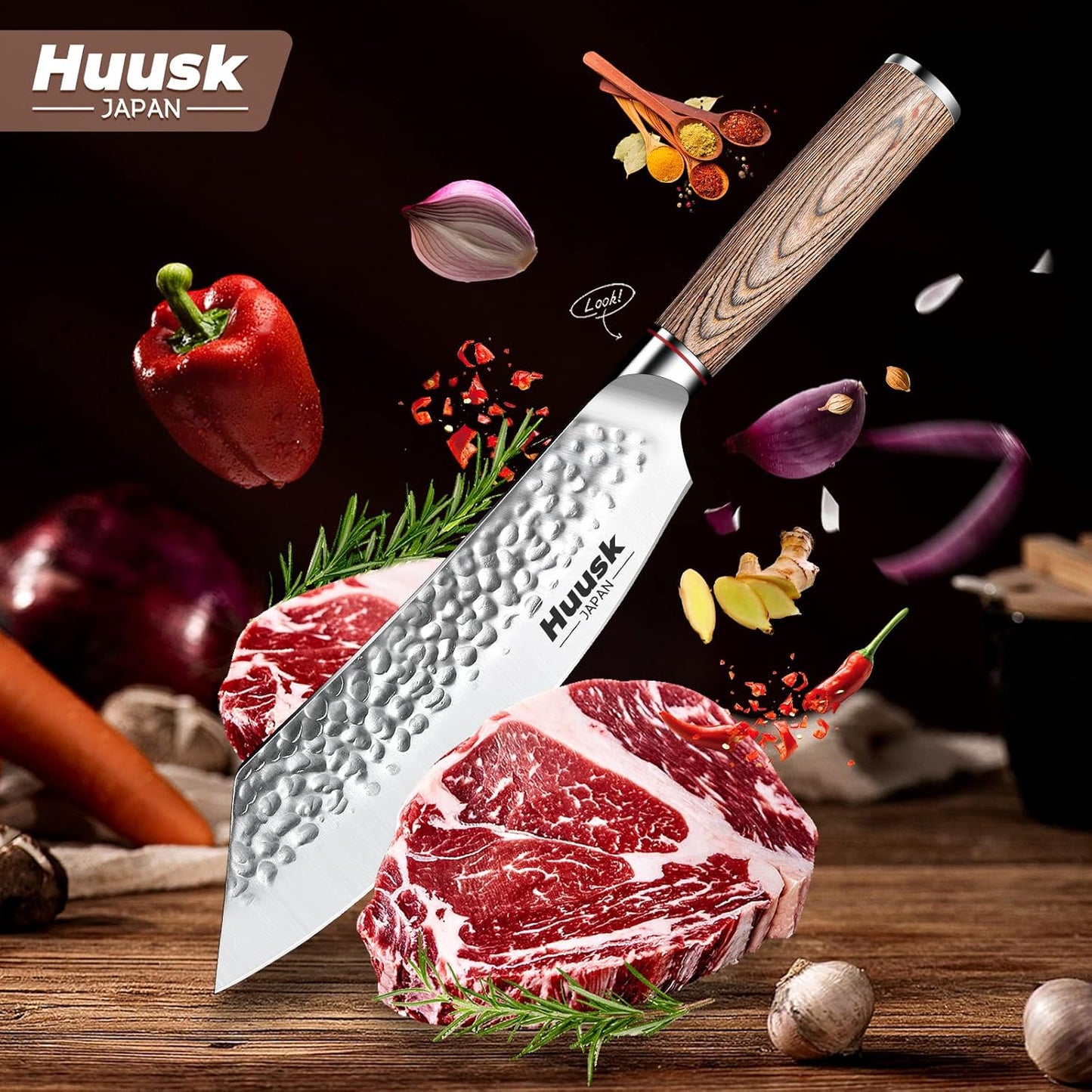 Huusk Japanese Chef Knife for Home & Kitchen, 8" Japanese Kiritsuke Knife | Ultra Sharp Cooking Knifes for Sushi Fish Meat, High Carbon Stainless Steel & Pakkawood Handle, Gift Idea for Men Women