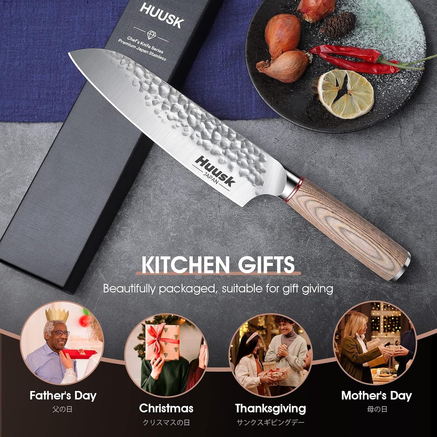 Huusk Japanese Chef Knife for Home & Kitchen, 8" Japanese Kiritsuke Knife | Ultra Sharp Cooking Knifes for Sushi Fish Meat, High Carbon Stainless Steel & Pakkawood Handle, Gift Idea for Men Women
