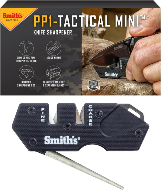 Smith’s Pocket Pal Tactical Knife Sharpener - 2 Stage Sharpener & Diamond Sharpening Rod - Pocket Clip - Outdoor Hunting Knife & Hook Sharpener - Compact & Lightweight