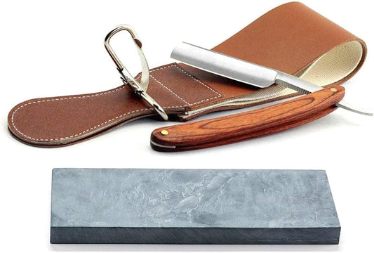 Straight Razor Shave Ready Handmade Sharpened, 420 Steel Straight Razor Blade, 2 Layers Long Leather Canvas Strop, Sharpening Stone,2 Side Grit 3000 Waterstone Knife Sharpener
